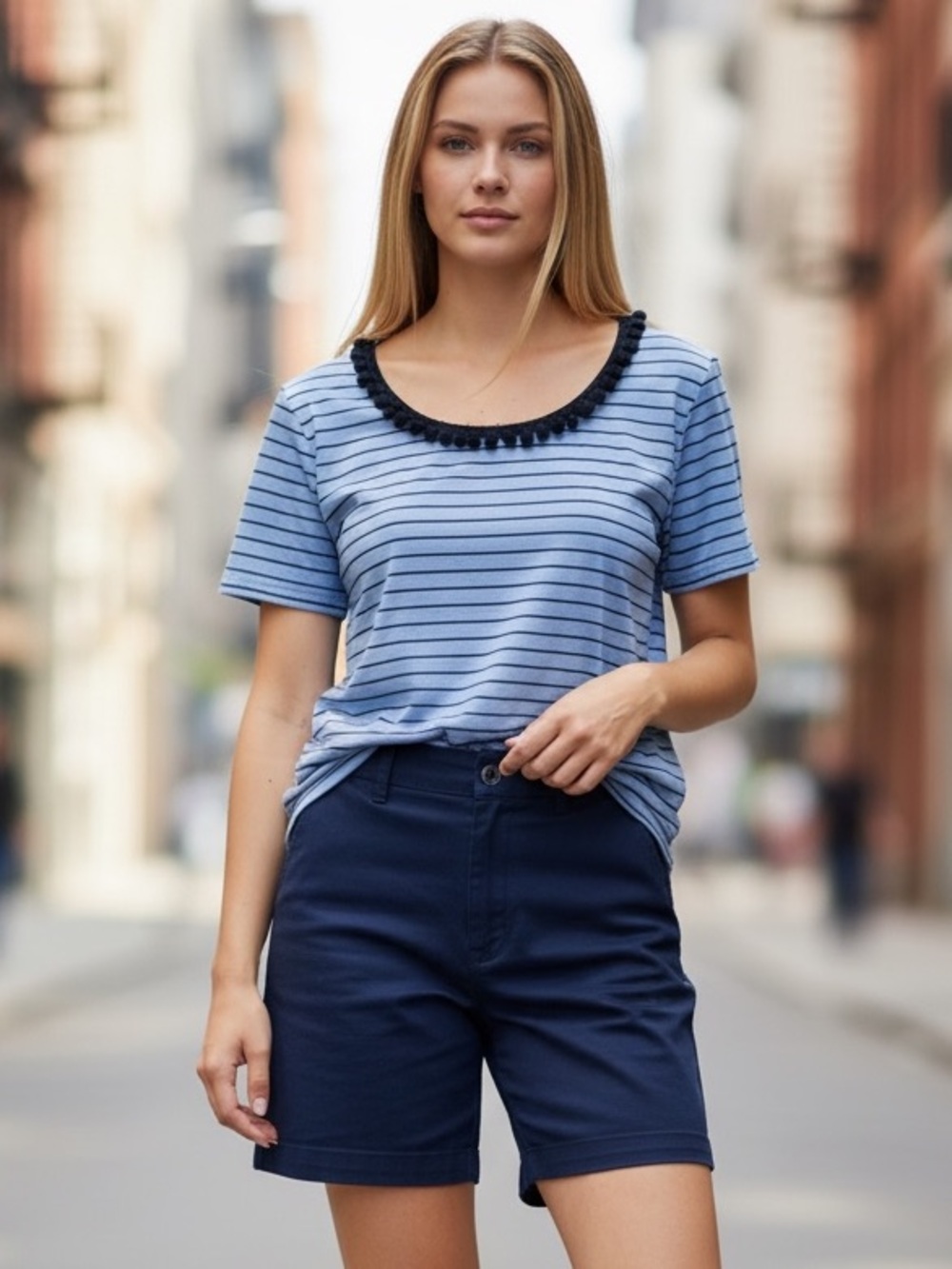 TALBOTS LIGHT BLUE LINEN TOP NAVY BLUE STRIPES POM POM ROUND NECK SIZE LARGE